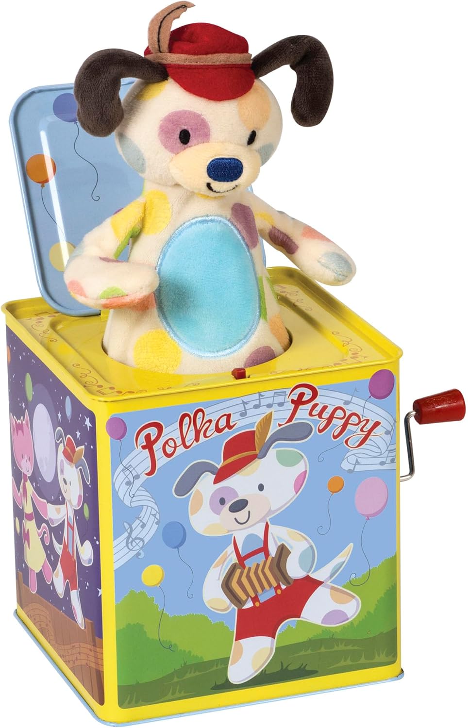 Schylling Polka Puppy Jack in the Box - Classic Children-s Musical Toy that Dances - Colorful Embossed Tin Box and Lovable Puppy Plush - Age 18 months and Up